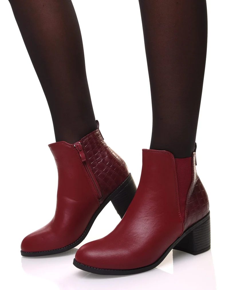 Bottines bordeaux à talons détail imprimé croco