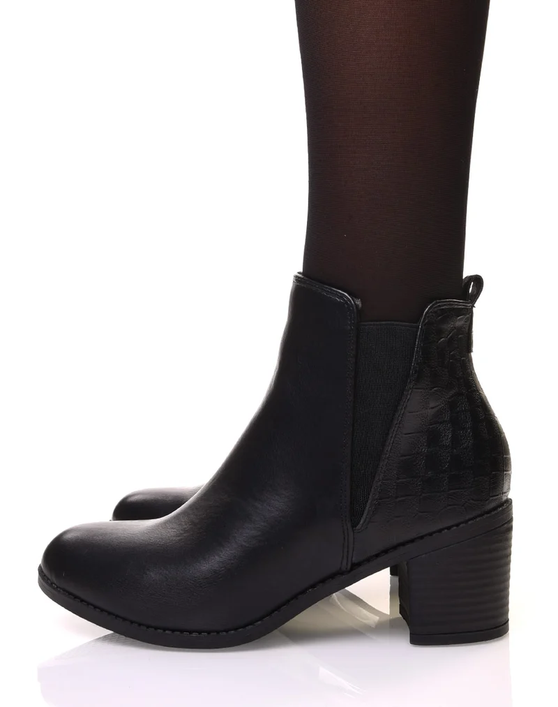 Bottines noires à talons détail imprimé croco