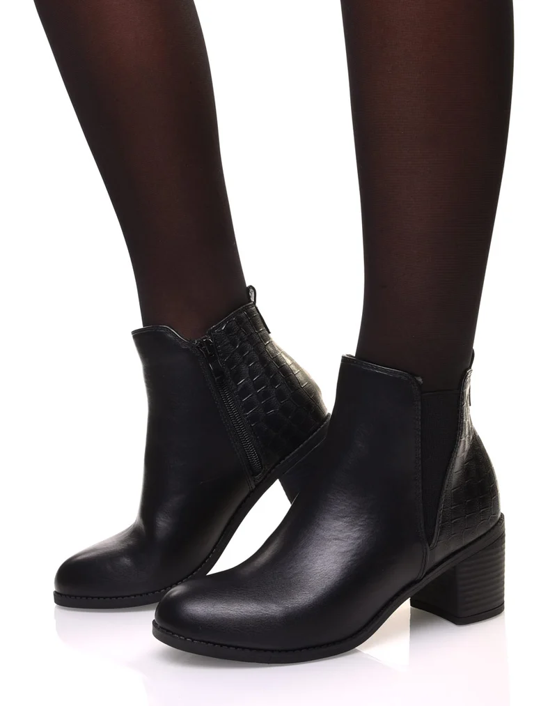 Bottines noires à talons détail imprimé croco