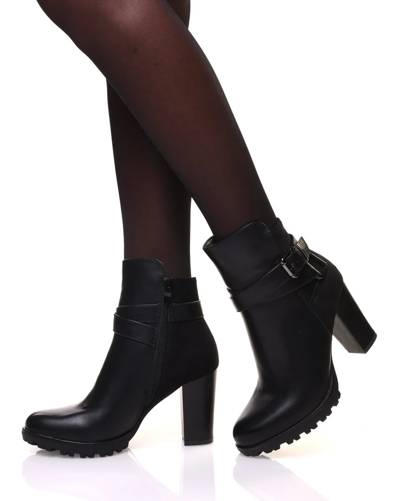 Bottines bi-matière noire à talon haut