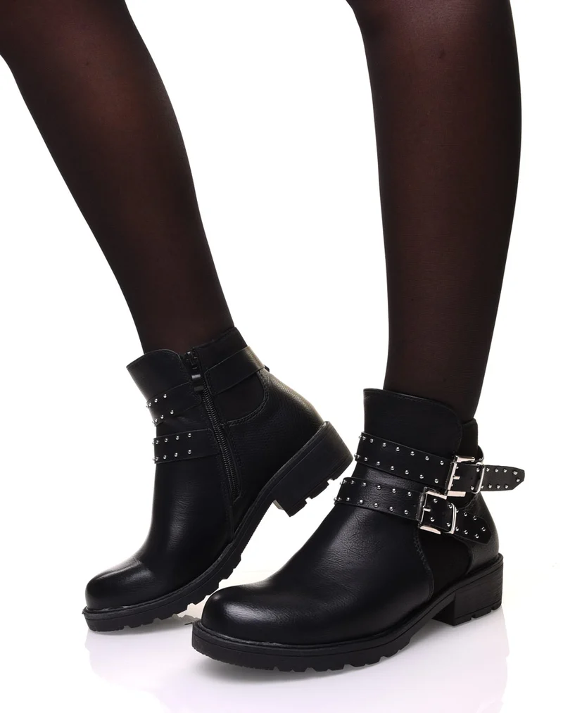 Bottines noires bi-matière à sangle clouté