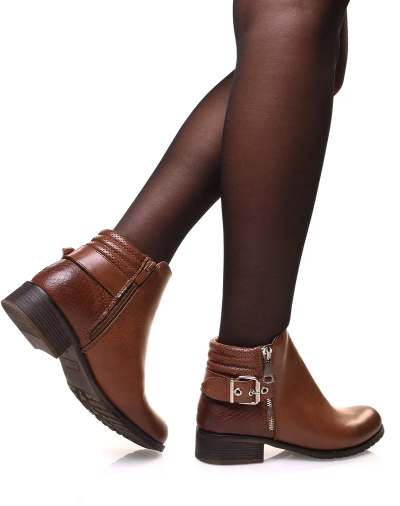 Bottines camelles bi matières à motifs python