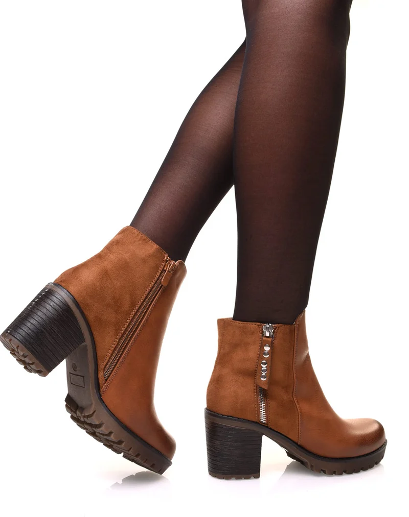 Bottines camelles bi matières à talon mi haut