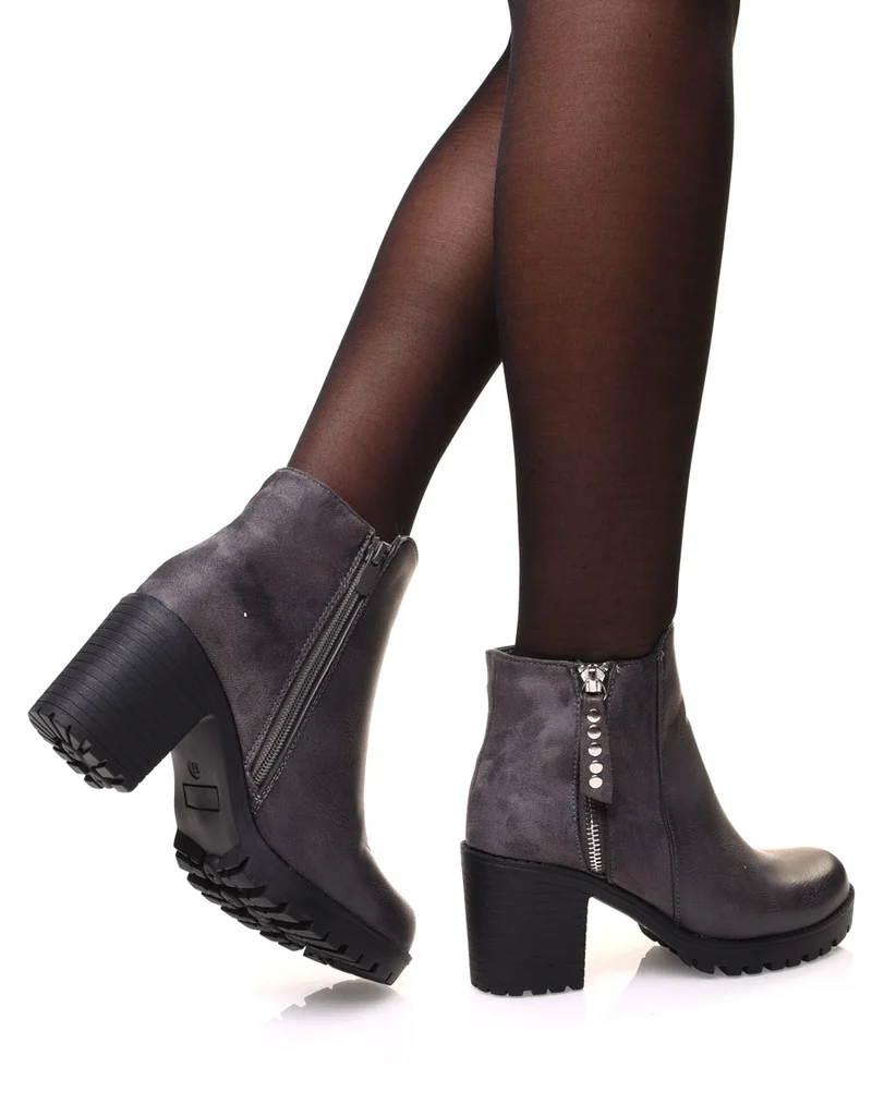 Bottines grises bi matières à talon mi haut