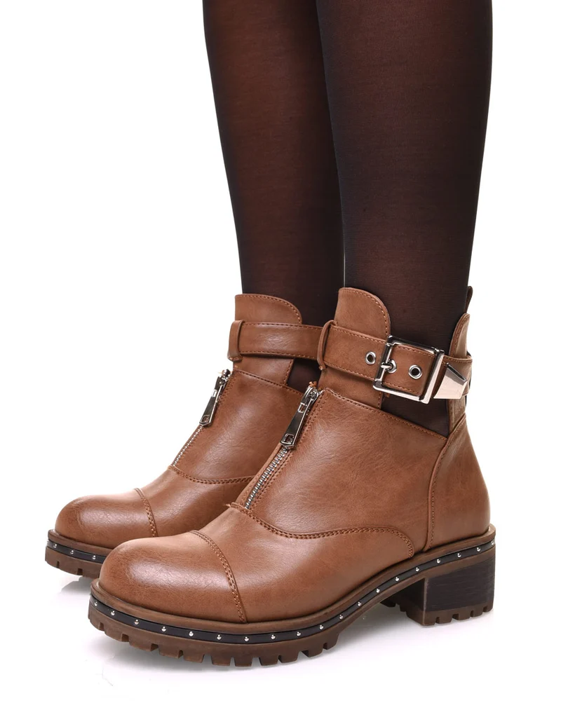 Bottines camelles ajourées à sangle