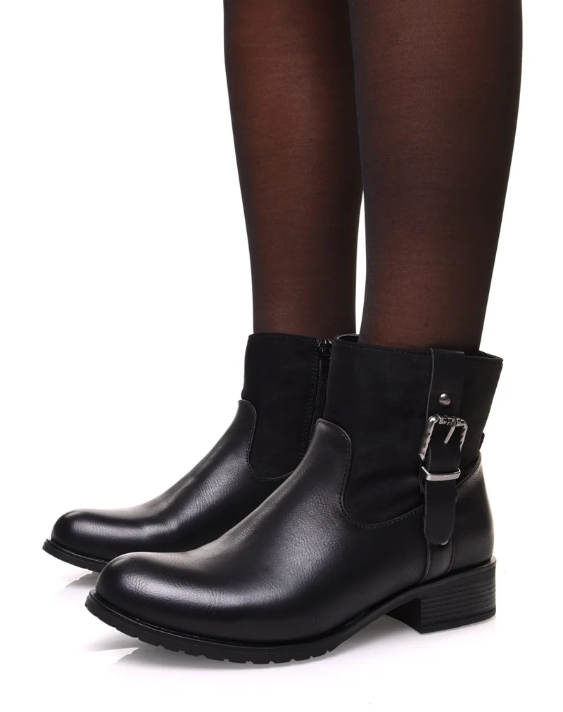 Bottines noires bi matières à sangle décorative sur le côté