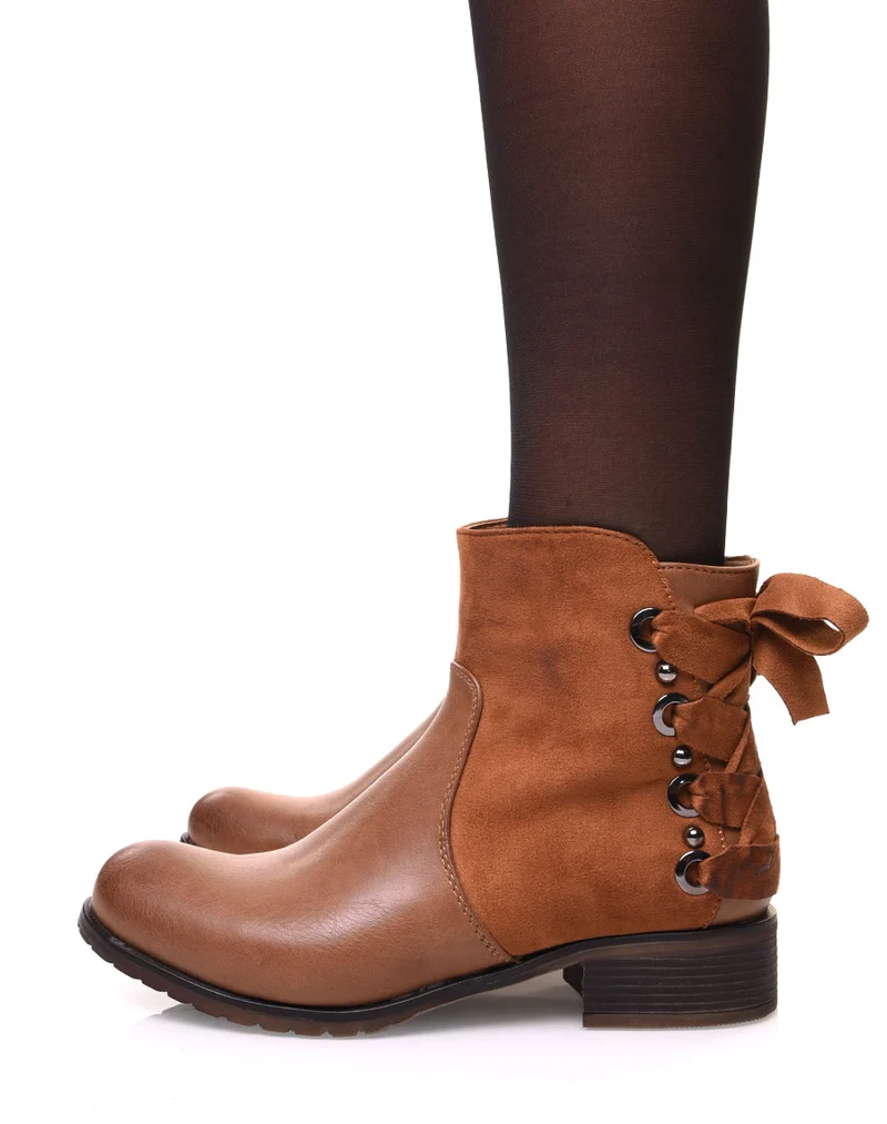 Bottines camelles bi matières à nœud