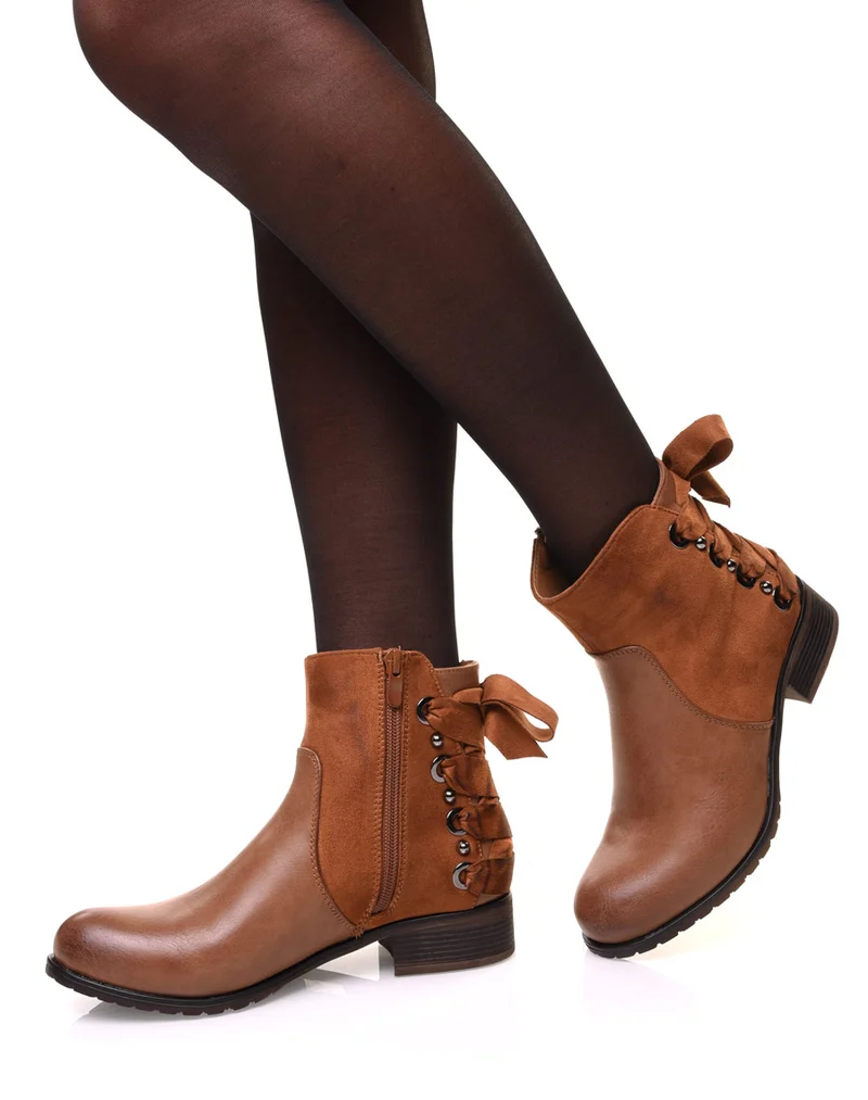 Bottines camelles bi matières à nœud