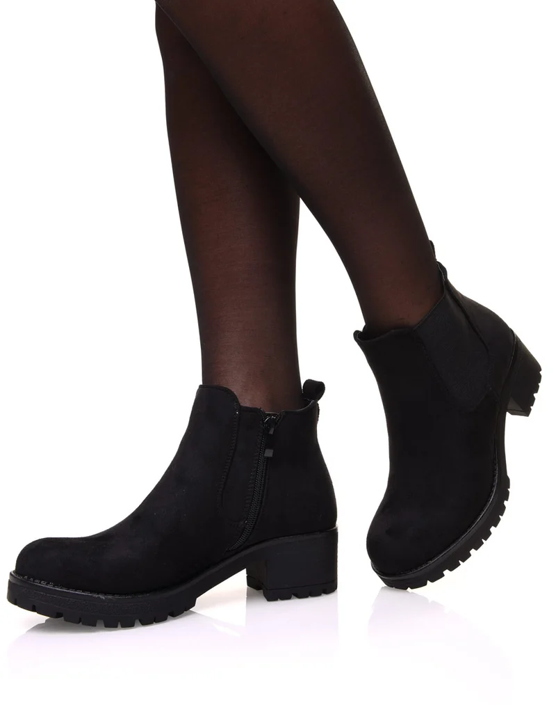 Chelsea boots noires en suédine à talon mi haut