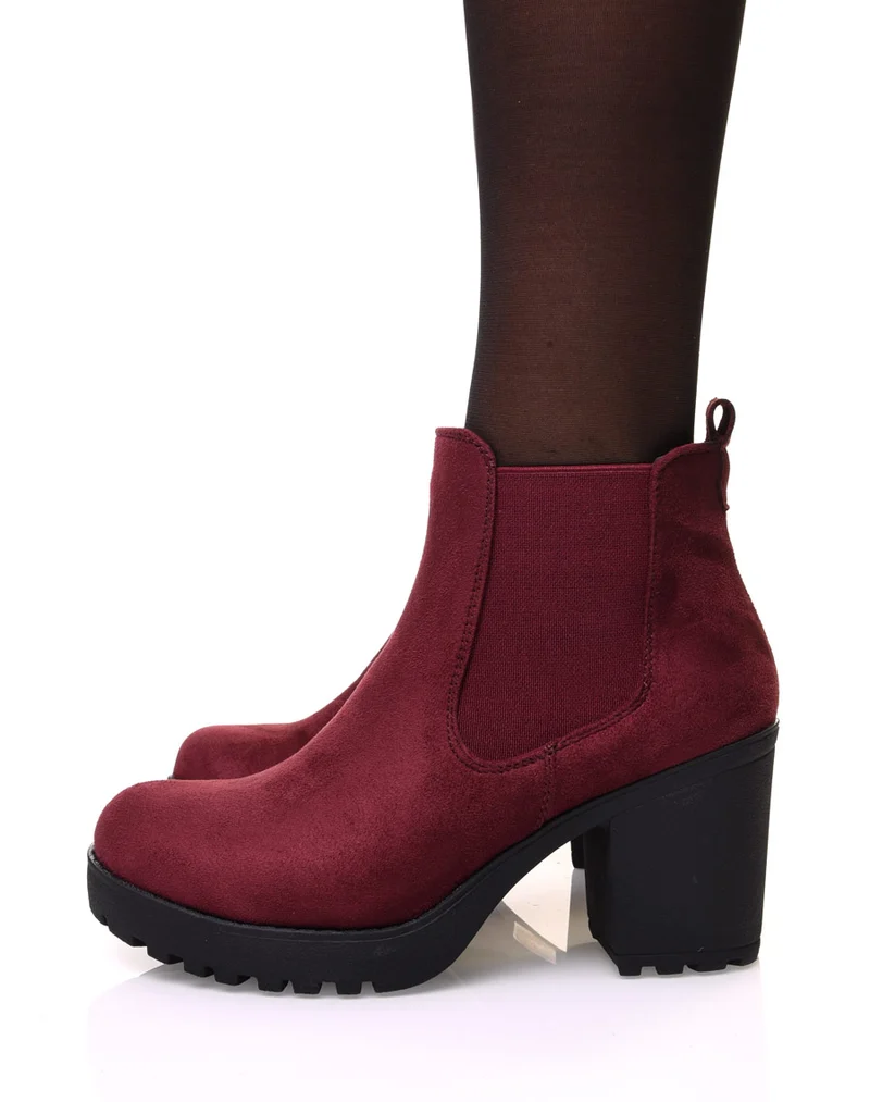 Chelsea boots bordeaux en suédine à talon mi haut