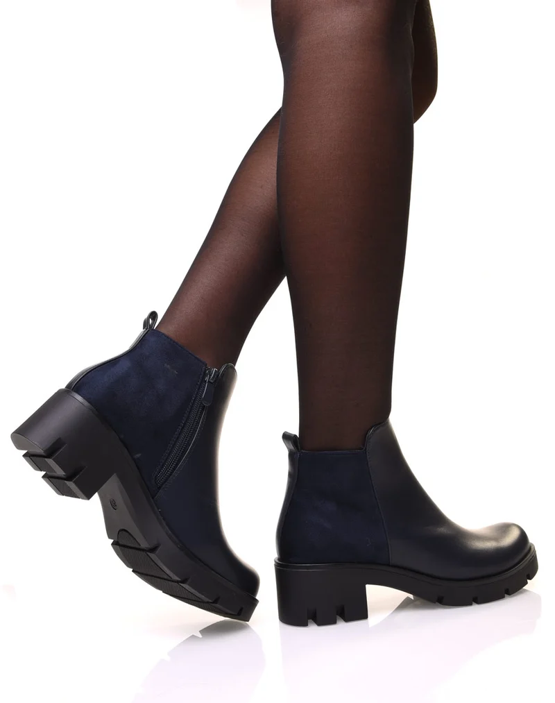 Bottines bleues bi matières à petit talon et semelle crantée