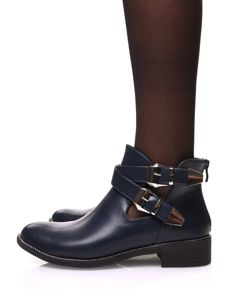 Bottines bleues marine ajourées à sangles entrelacées