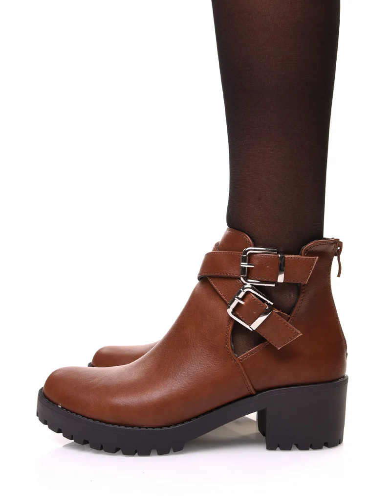 Bottines camelles ajourées à talon et semelle crantée