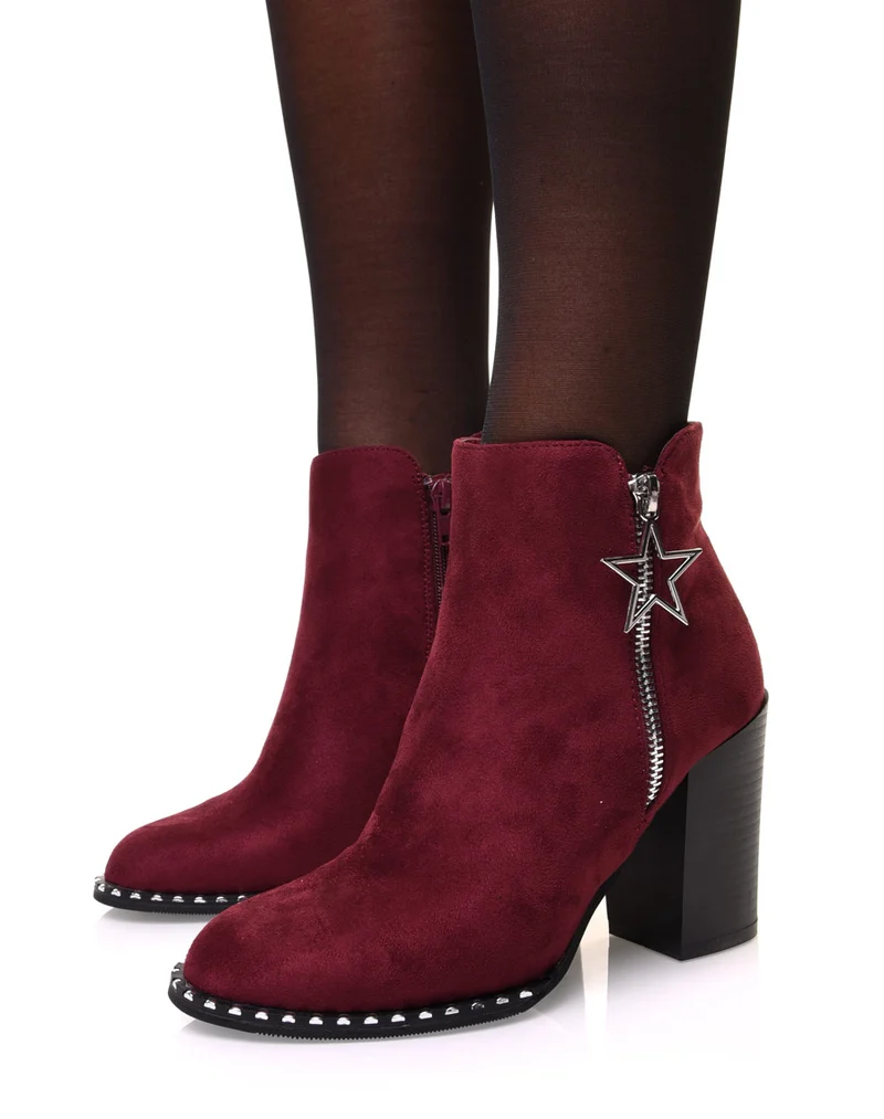 Bottines bordeaux en suédine à talon avec détail étoile