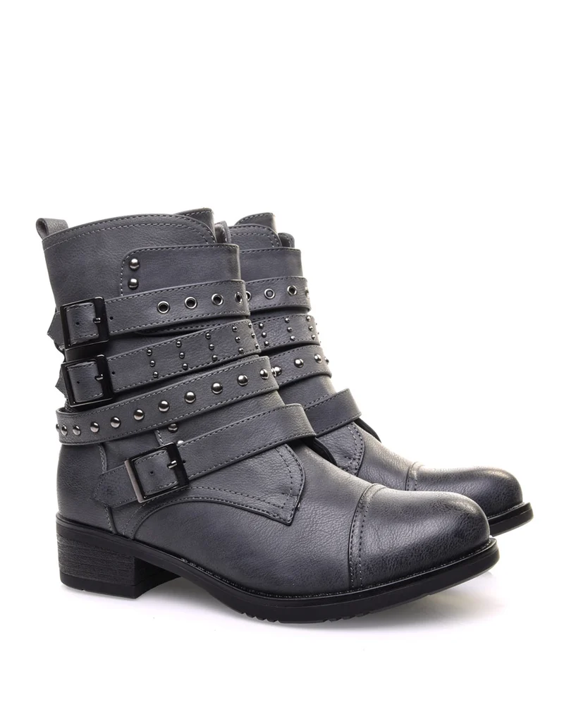 Bottines montantes grises à multiples brides