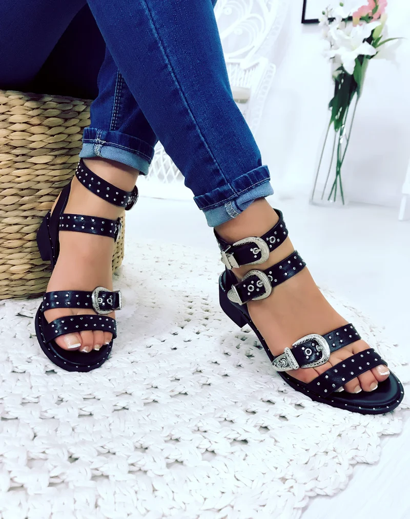 Nu-pieds noirs à boucles ornées
