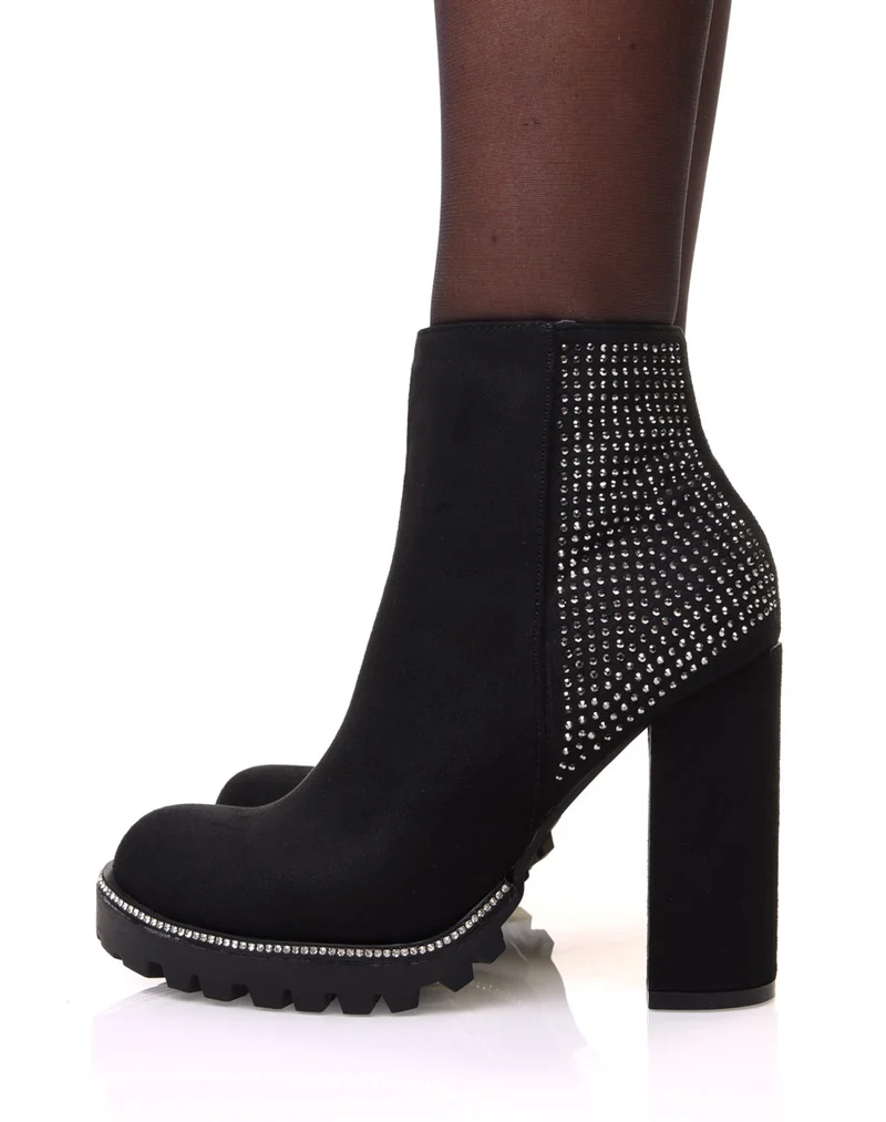 Chelsea boots noires en suédine à détails strass et talons