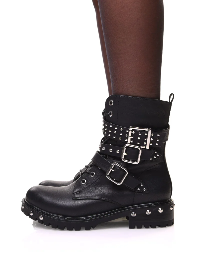 Bottines noires à sangles multiples & détails cloutés