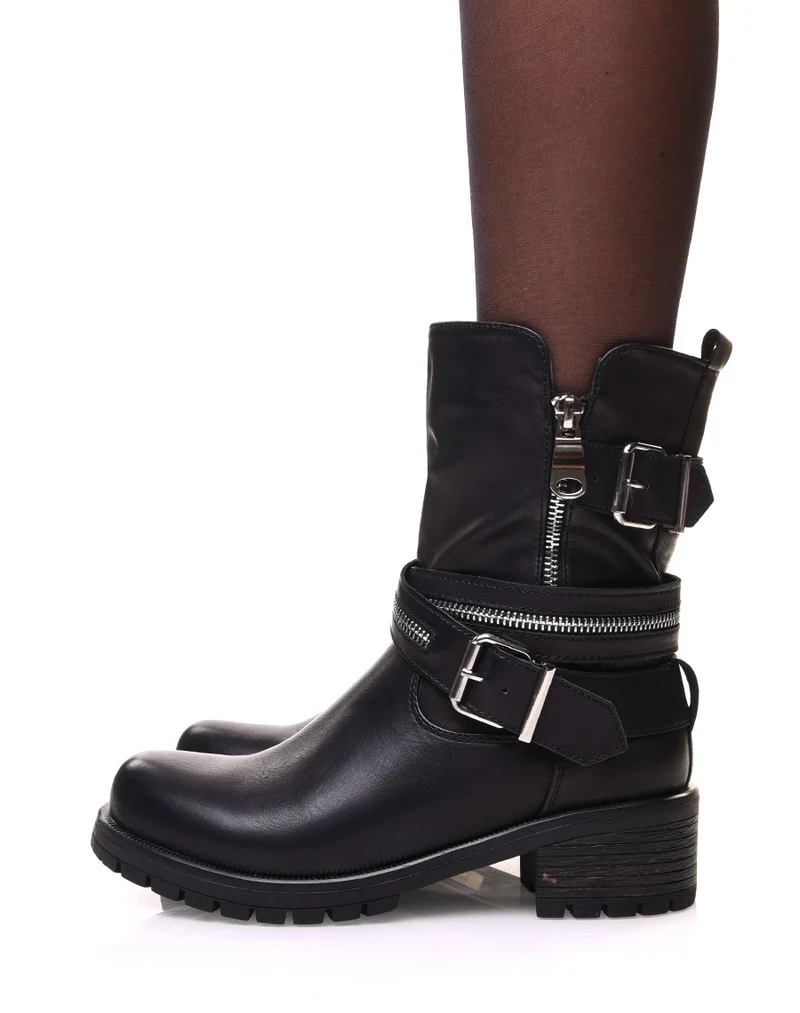 Bottines noires à sangles multiples & détails zippés