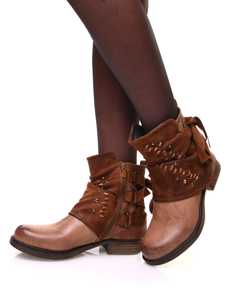 Bottines camelles à empiècements bi matières et nœud