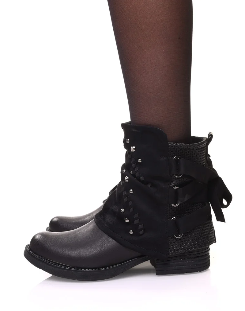 Bottines noires à empiècements bi-matières et noeud