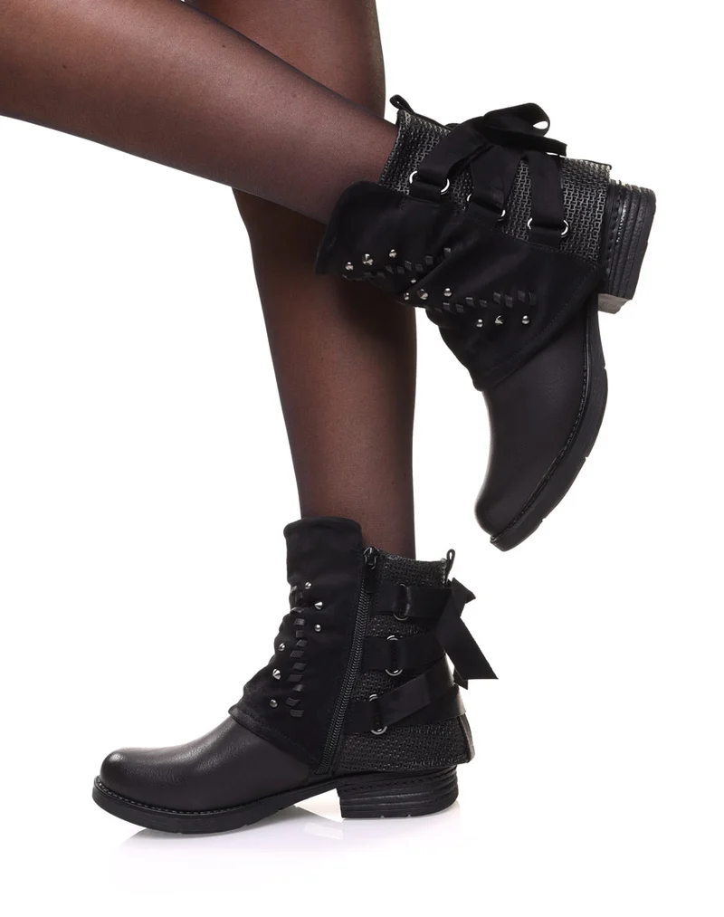 Bottines noires à empiècements bi-matières et noeud