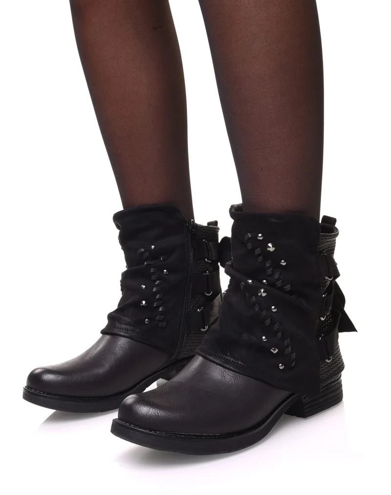 Bottines noires à empiècements bi-matières et noeud