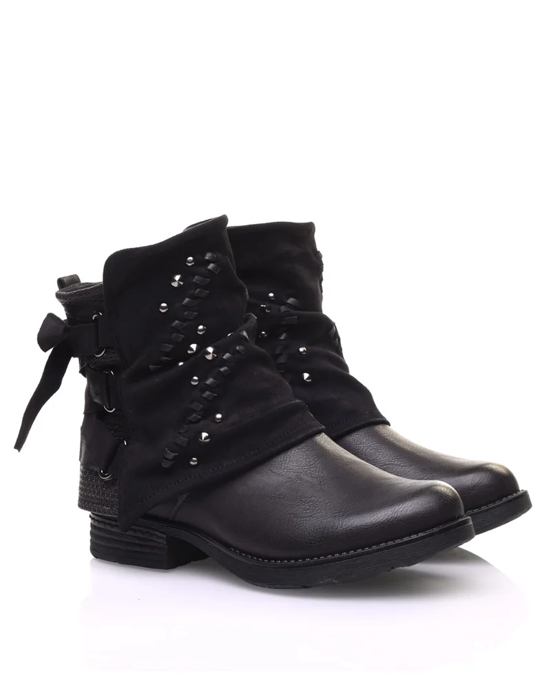 Bottines noires à empiècements bi-matières et noeud