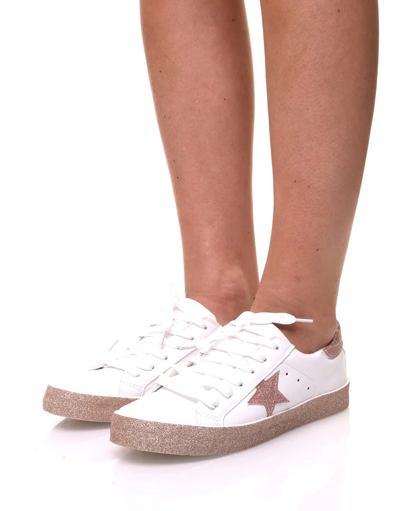 Sneakers blanches à paillètes champagne