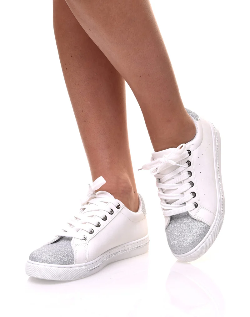 Sneakers bi matières blanches pailletés