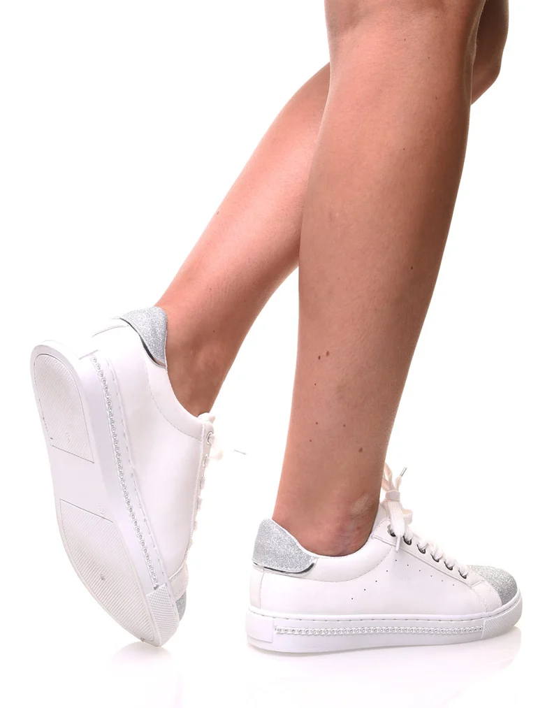 Sneakers bi matières blanches pailletés