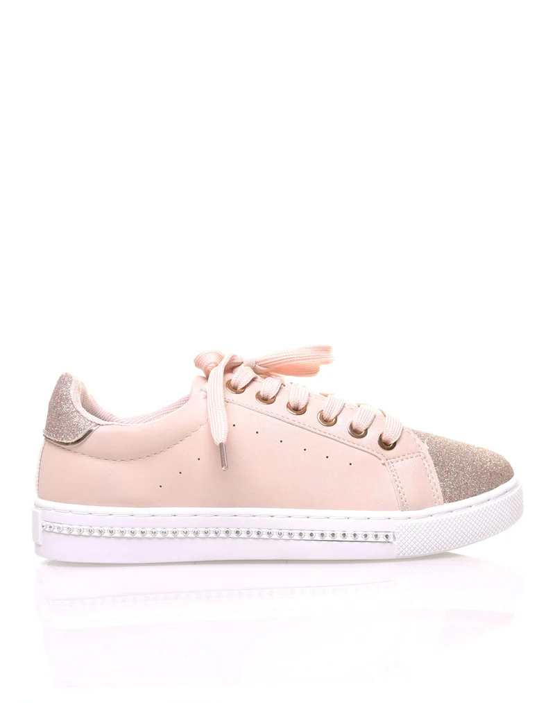 Sneakers bi matières abricot pailletés