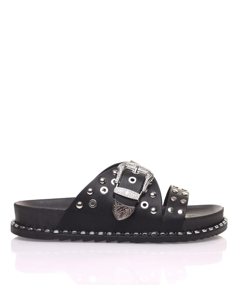 Sandales cloutées noires à boucles gravées