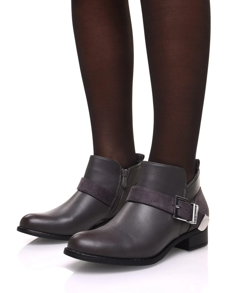 Bottines plates grises empiècements suédines