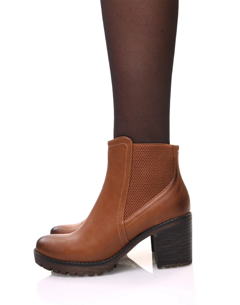 Bottines camel crantées à élastique surpiqué