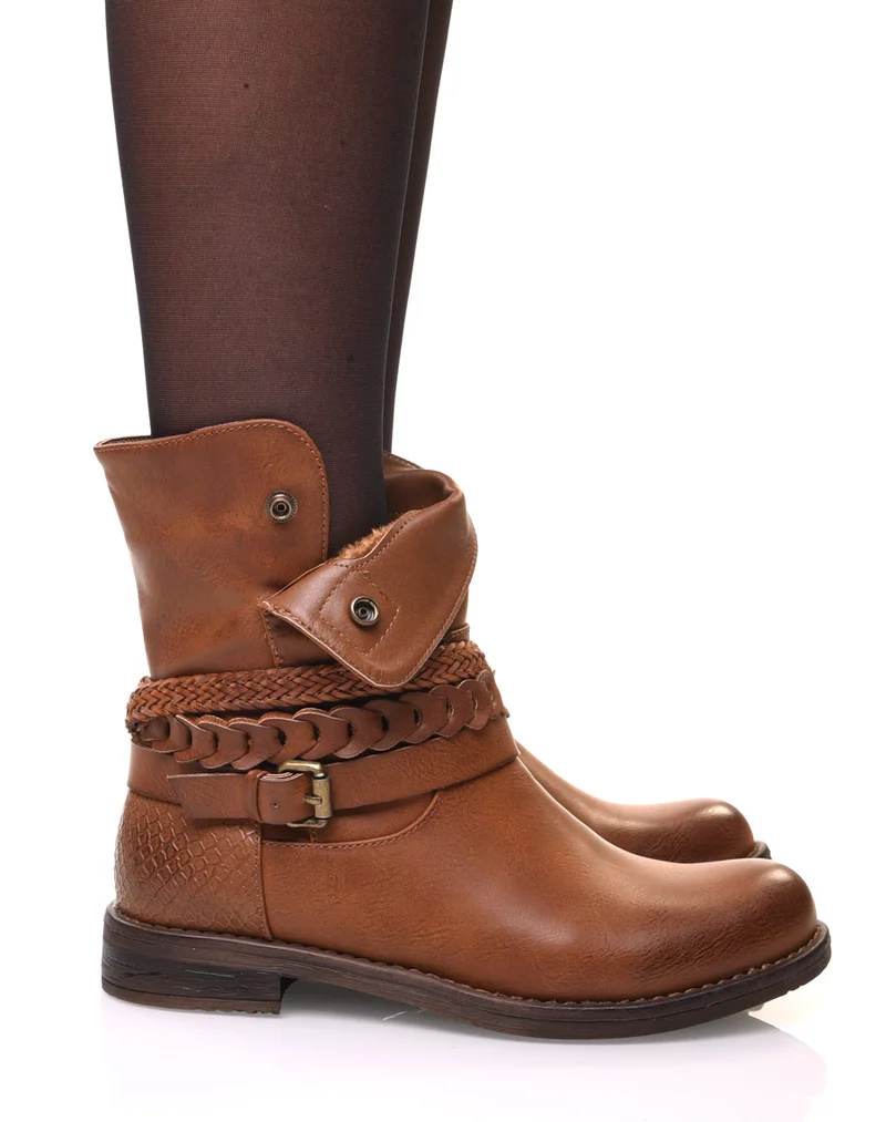 Bottines motardes camel à lanières tressées