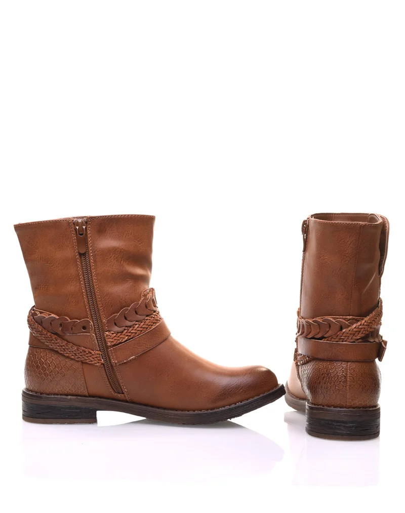 Bottines motardes camel à lanières tressées
