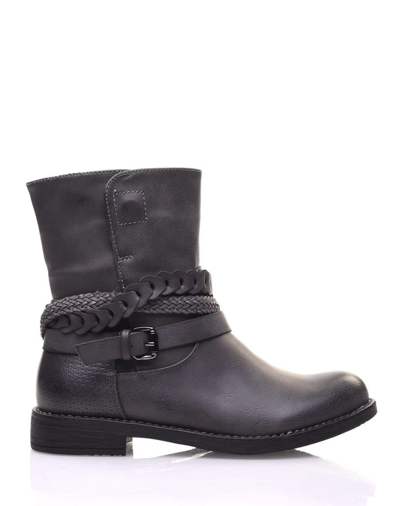 Bottines motardes grises à lanières tressées