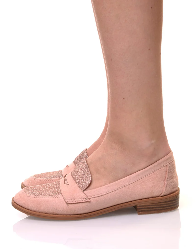 Mocassins roses en suédine effet pailleté