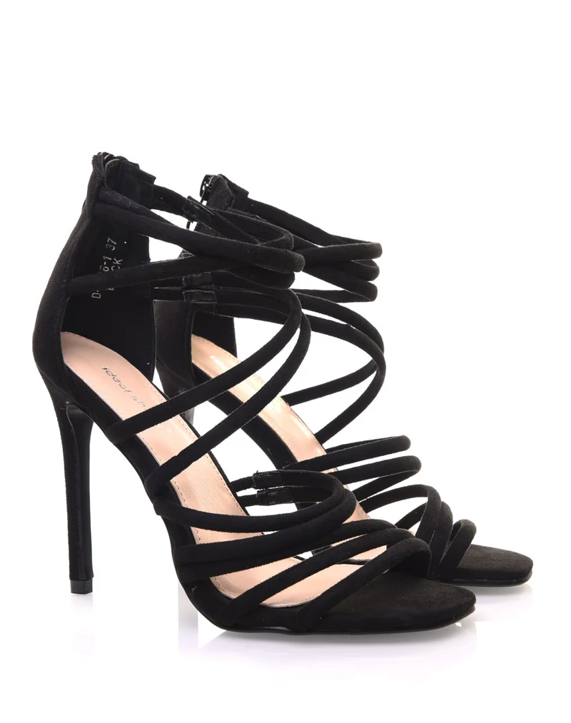 Sandales noires multiples lanières en suédine à talons aiguilles