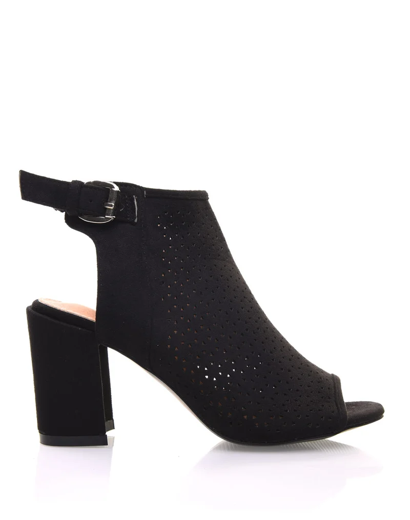 Sandales noires perforées à talons mi hauts