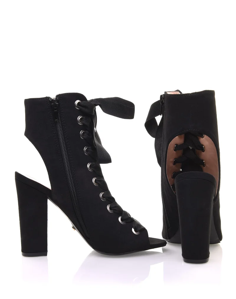 Sandales noires en suédine à lacets et bout ouvert