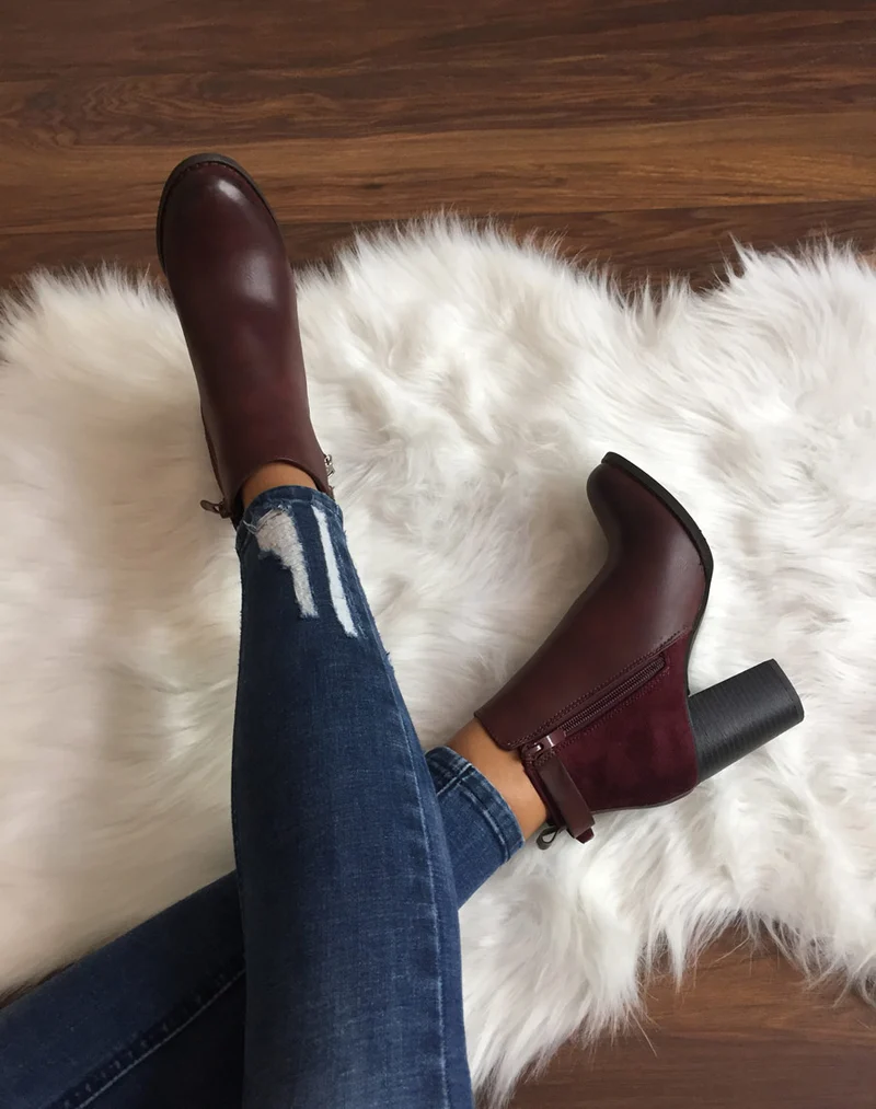 Bottines à talons bordeaux bi matières avec sangle
