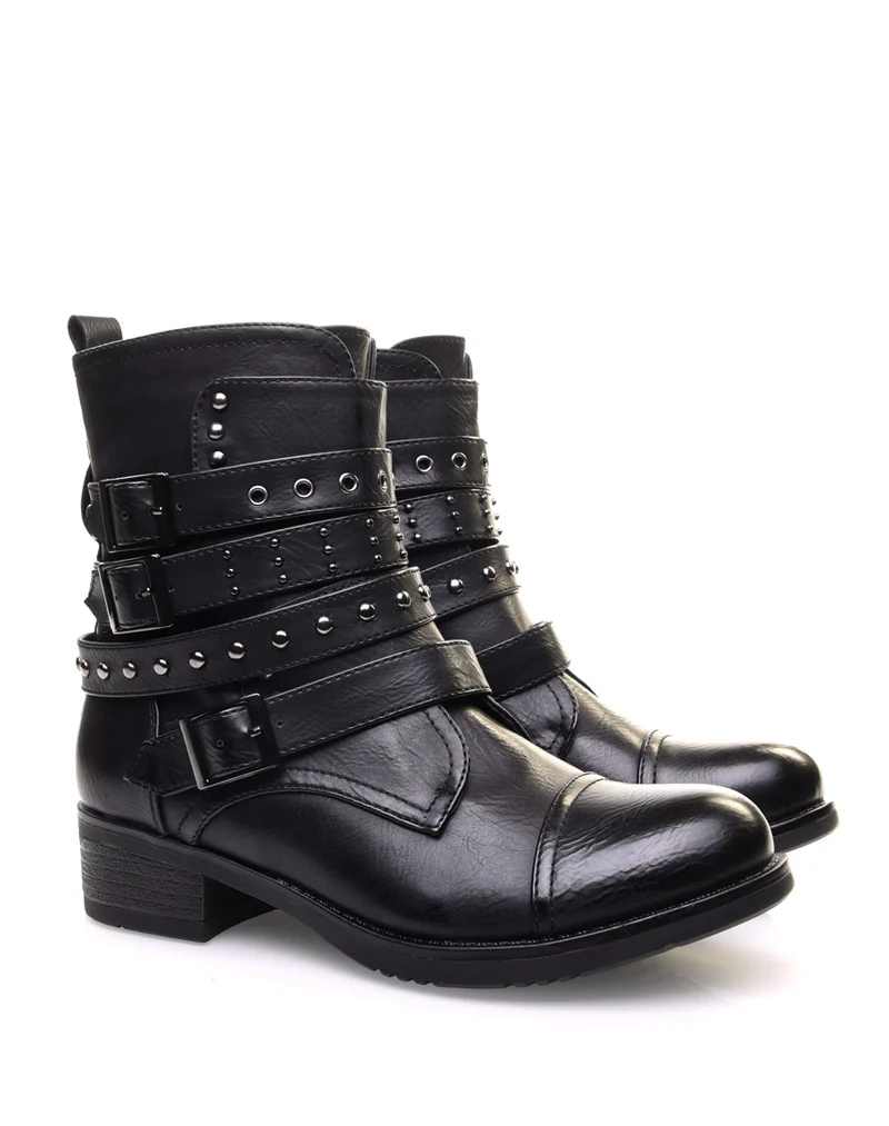 Bottines montantes noires à multiples brides