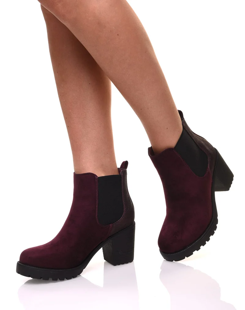 Bottines bordeaux mi hautes bi-matières