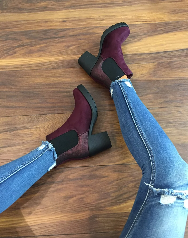 Bottines bordeaux mi hautes bi-matières