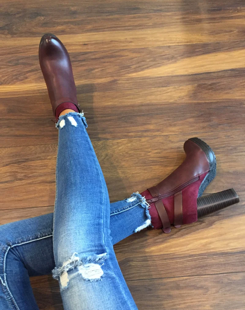 Bottines bordeaux à talons bi-matières