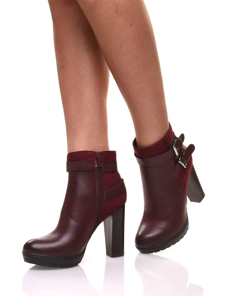 Bottines bordeaux à talons bi-matières