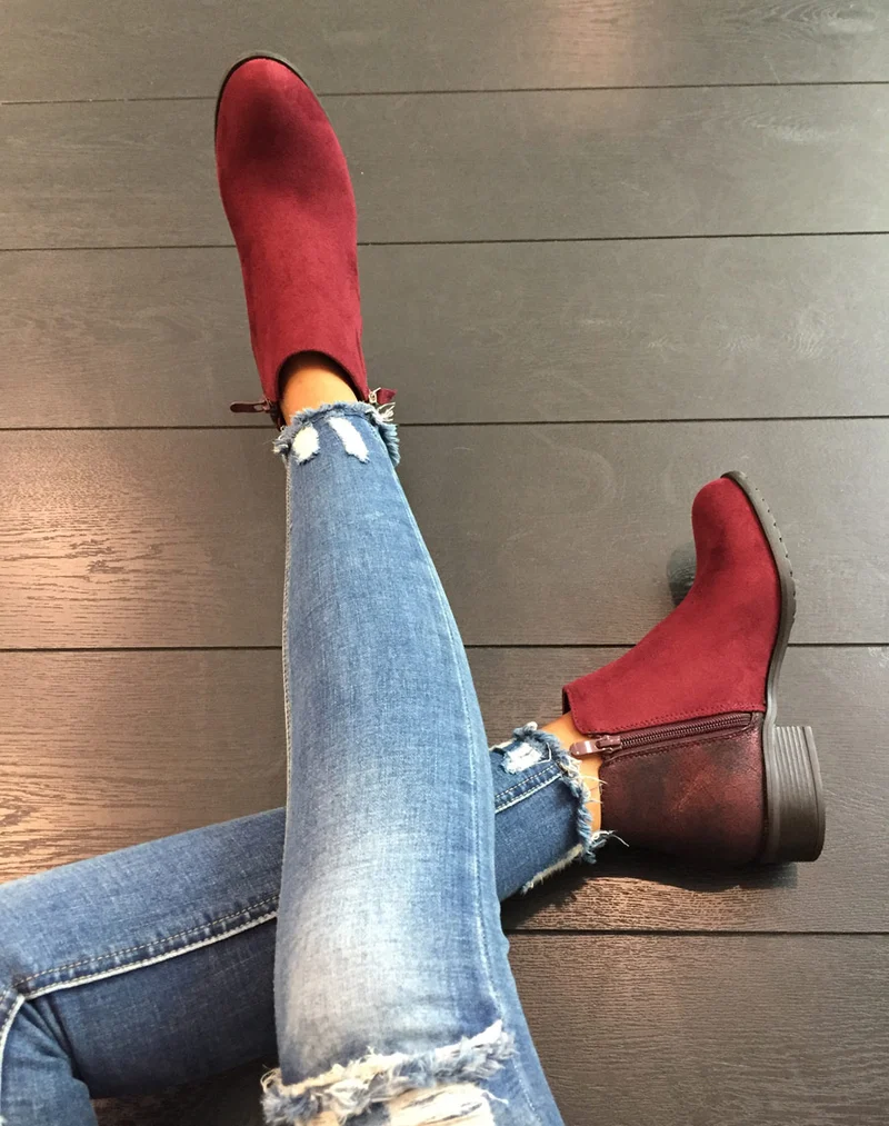 Bottines bordeaux bi-matières