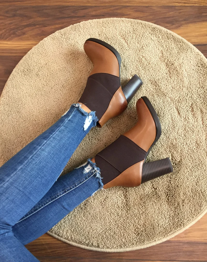Bottines camel à talons bi matières